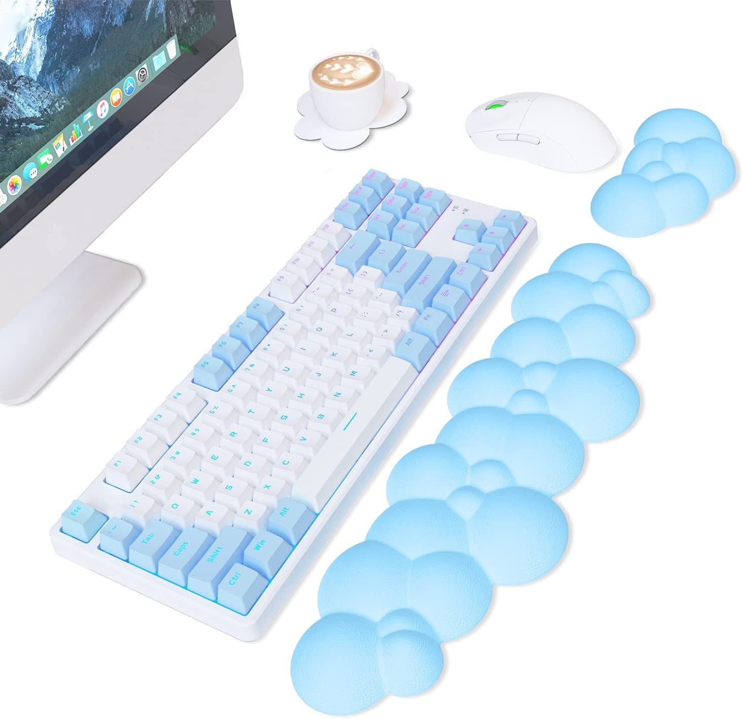 Attack Shark Cloud Keyboard Mouse Wrist Rest with Coaster Set,Ergonomic Palm Rest Combo for Pain Relief, Non-Slip,Ultra-Soft Memory Foam Wrist Cushion Support for Comfortable Typing/Gaming-Blue