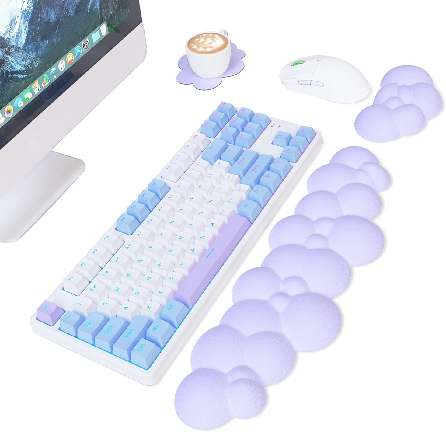 Attack Shark Cloud Keyboard Mouse Wrist Rest with Coaster Set,Ergonomic Palm Rest Combo for Pain Relief, Non-slip Base,Ultra-Soft Memory Foam Wrist Cushion Support for Comfortable Typing/Gaming-Purple