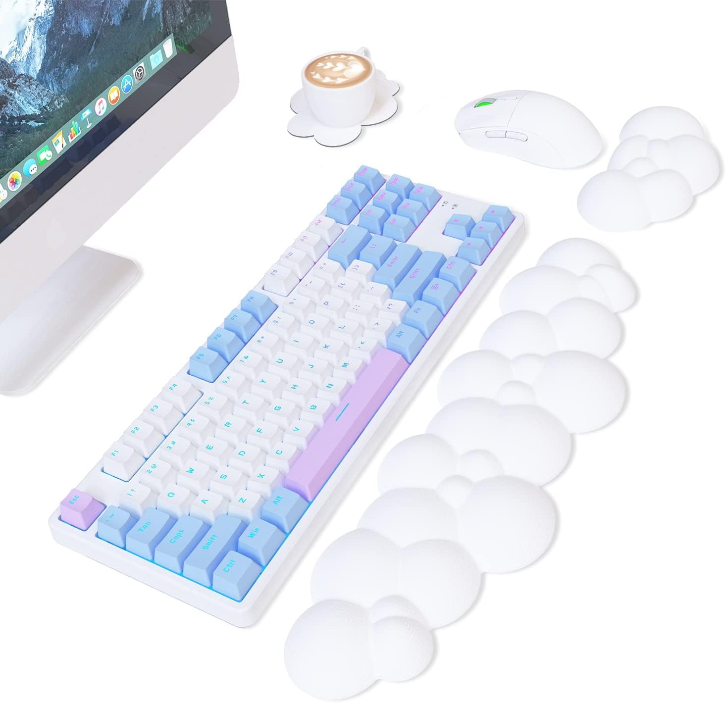 Attack Shark Cloud Keyboard Mouse Wrist Rest with Coaster Set,Ergonomic Palm Rest Combo for Pain Relief, Non-Slip Base,Ultra-Soft Memory Foam Wrist Cushion Support for Comfortable Typing/Gaming-White