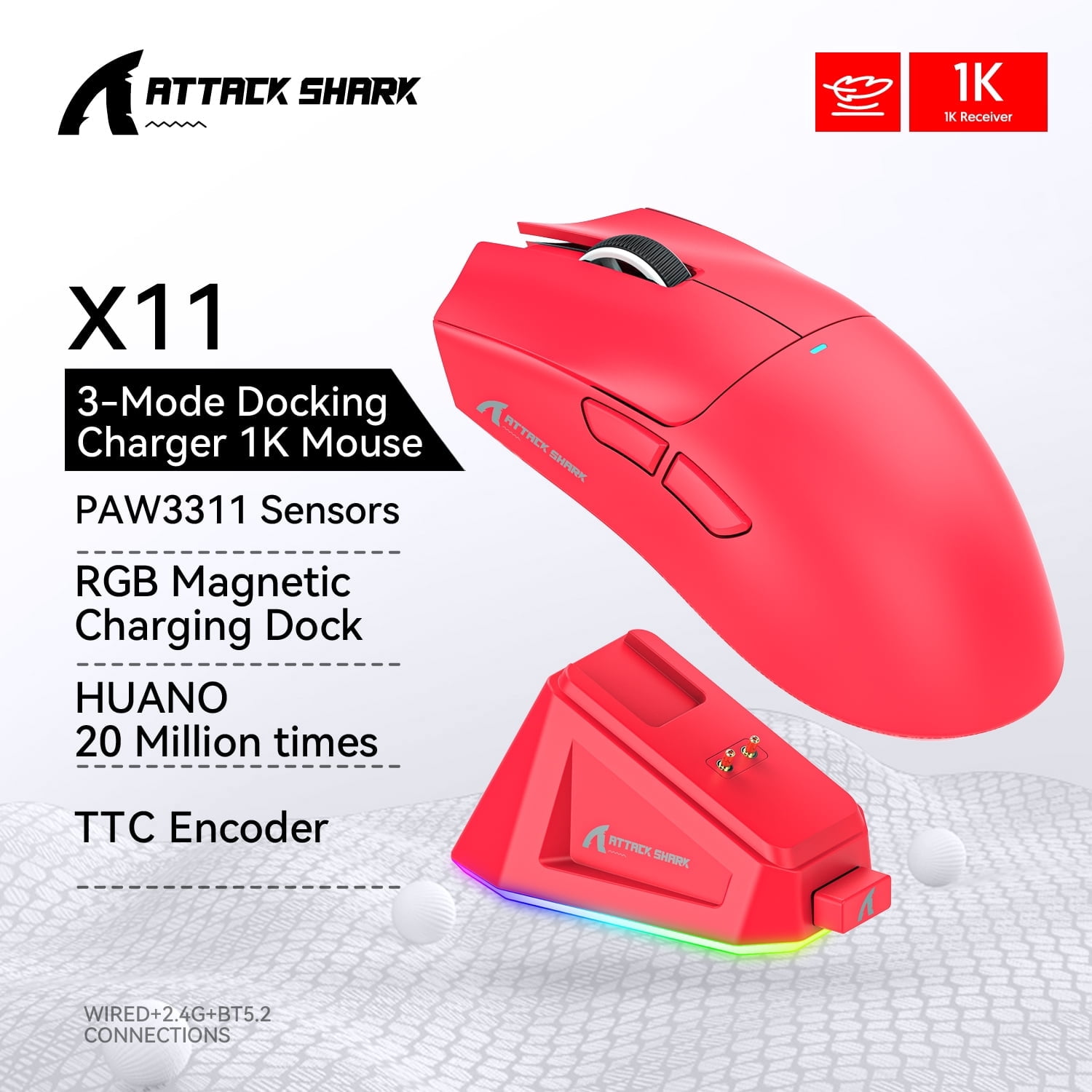 X11 Wireless Mouse,Tri-Mode Connection 2.4GHz/Wired/Bluetooth PAW3311 22000DPI 400IPS RGB  PC Gaming Mouse