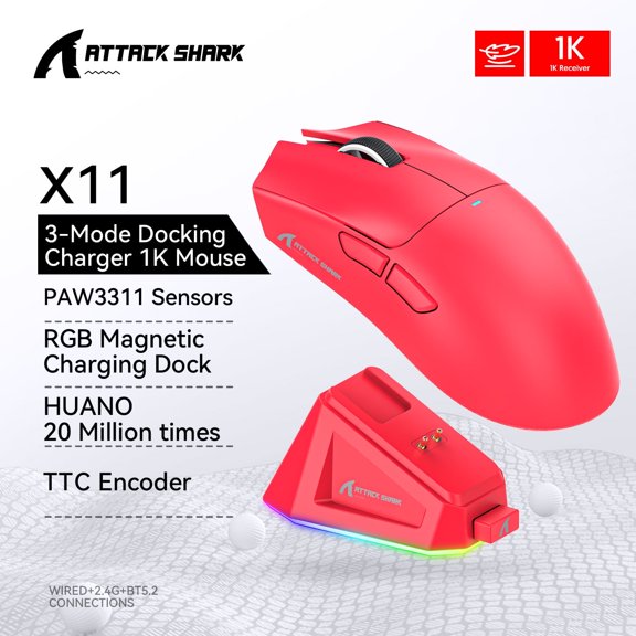 Attack Shark X11 Wireless Mouse,Tri-Mode Connection, PixArt PAW3311, Touch Magnetic Charging Base, Macro Gaming Mouse