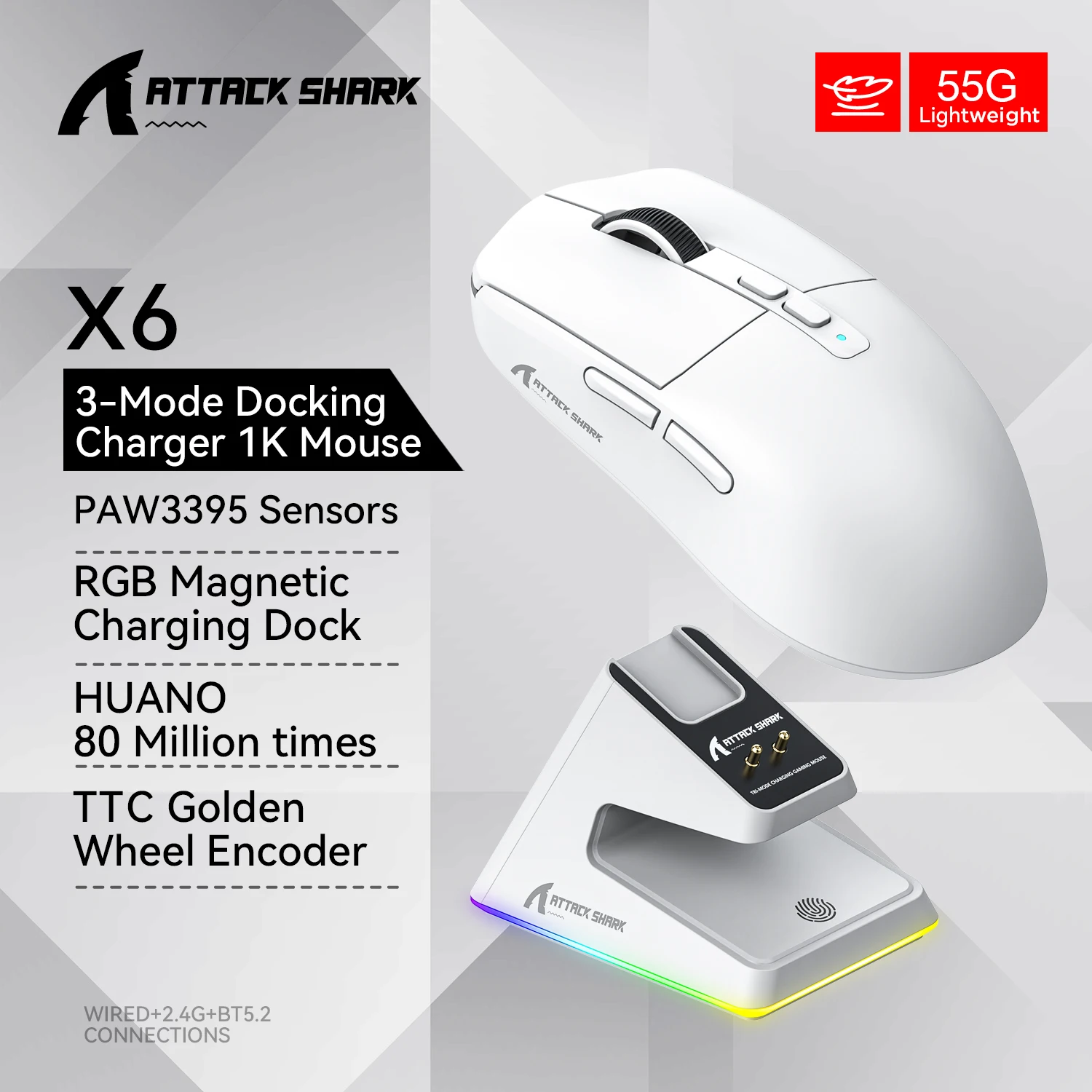 Attack Shark X6 PixArt PAW3395 Gaming Mouse, Bluetooth Tri-Mode Connection, RGB Touch Magnetic Charging Base