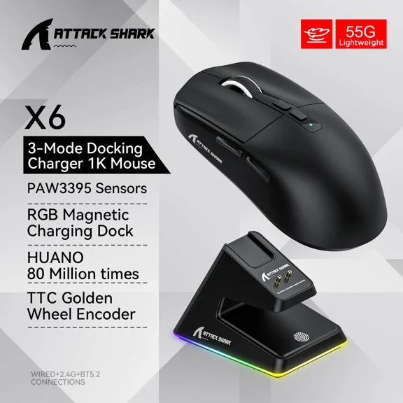 Attack Shark X6 PixArt PAW3395 Gaming Mouse, Bluetooth Tri-Mode Connection, RGB Touch Magnetic Charging Base
