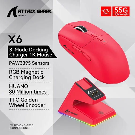 Attack Shark X6 PixArt PAW3395 Gaming Mouse, Bluetooth Tri-Mode Connection, RGB Touch Magnetic Charging Base