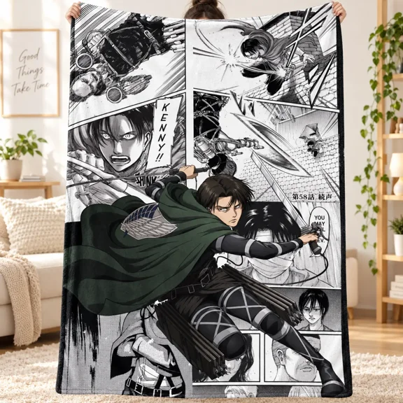 Attack on Titan Levi Ackerman Flannel Blanket, Scout Regiment Manga Panel Throw with Dual Blade Battle Design, Soft Cozy Blanket for Couch, Bed, Gaming Room, Dorm Decor and Anime Fan Gift