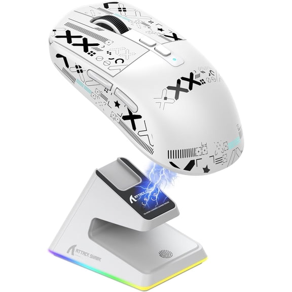 Attack X6 49g Superlight Gaming with RGB Dock,BT/2.4GHz /Wired ,PixArt PAW3395 Sensor, 26000DPI, Griptape, 200Hrs for Win/ (White)