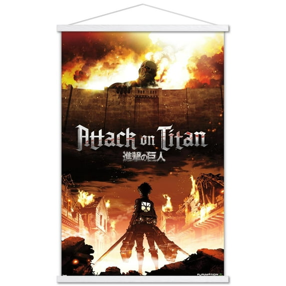 Attack on Titan - Fire Wall Poster with Wooden Magnetic Frame, 22.375" x 34"