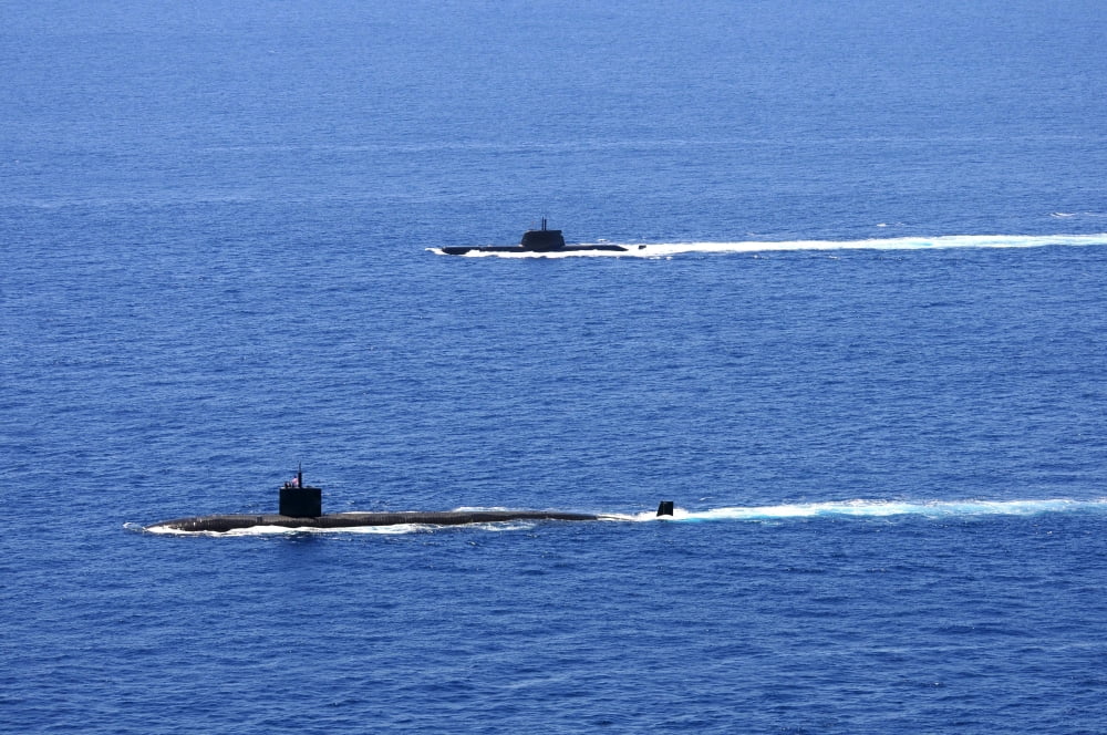 Attack submarine USS Alexandria alongside Brazilian submarine BNS Tikuna Canvas Art - Stocktrek Images (35 x 23)
