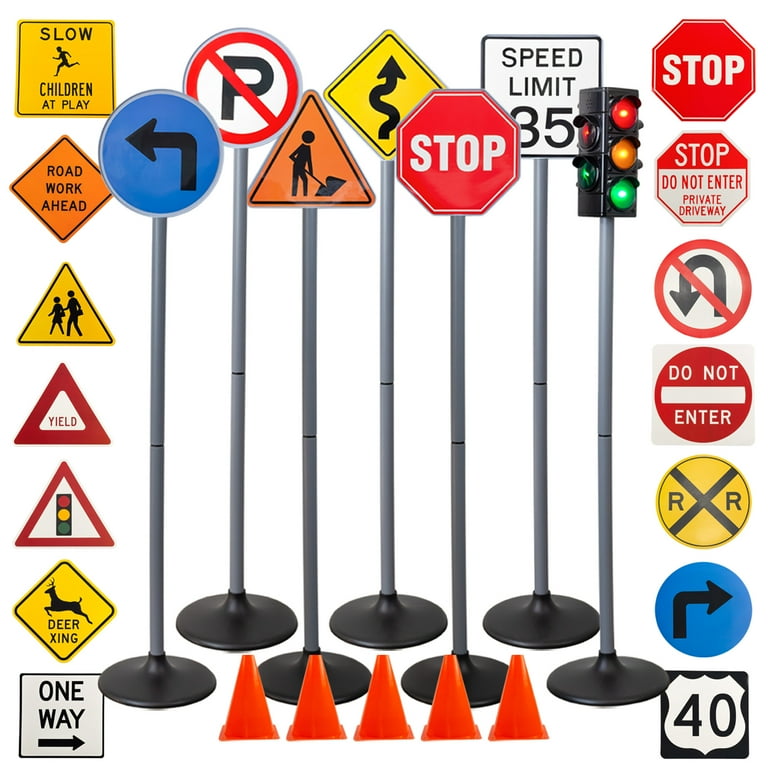 Attatoy Traffic Signs Playset, 32pc, Tall Road Signs & Traffic