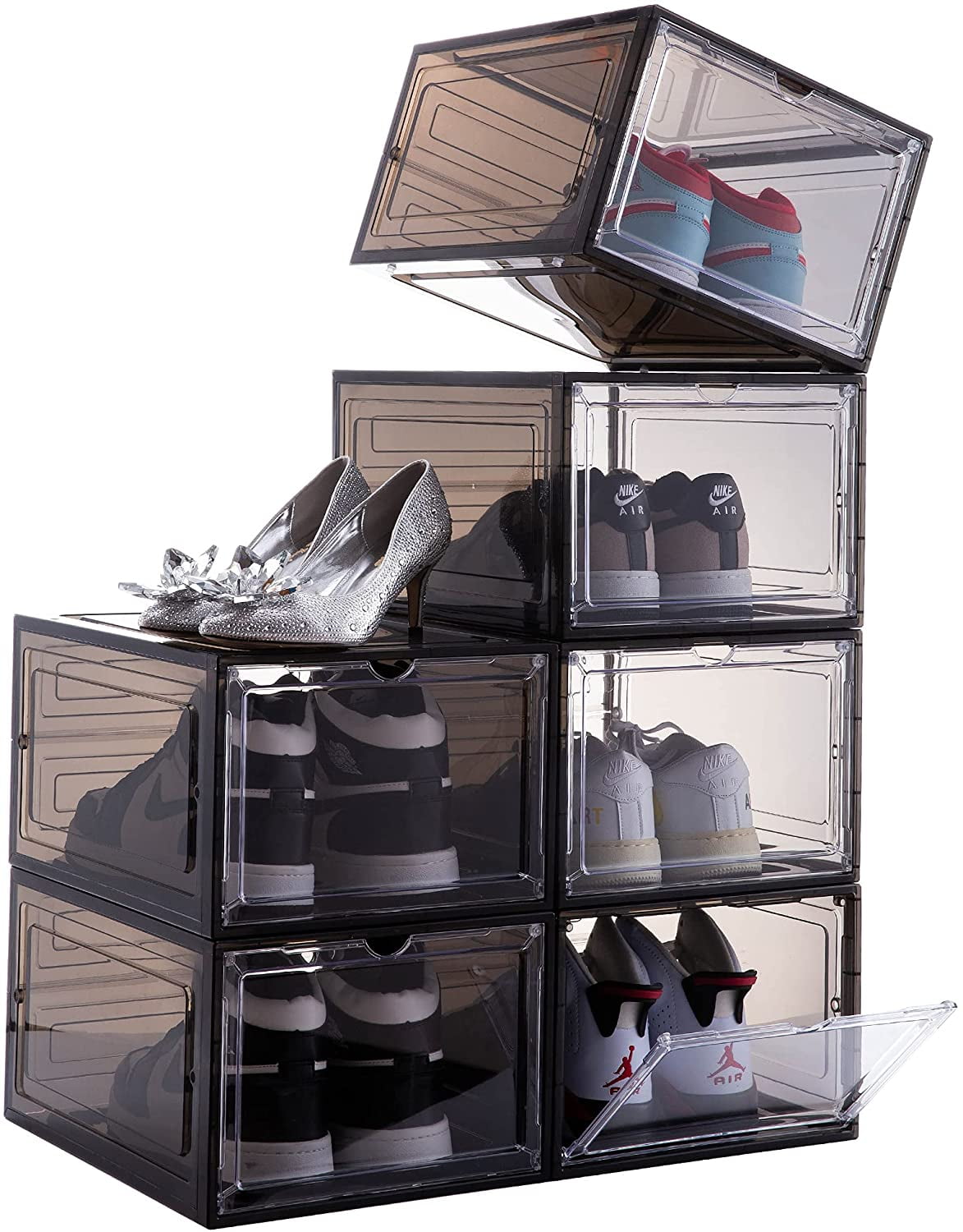 Attelite Drop Front Plastic Shoe Box with Clear Door,Set of 6,Stackable,For  Display Sneakers,Easy Assembly,Fit up to US Size 12(13.4”x 10.6”x 7.4”)