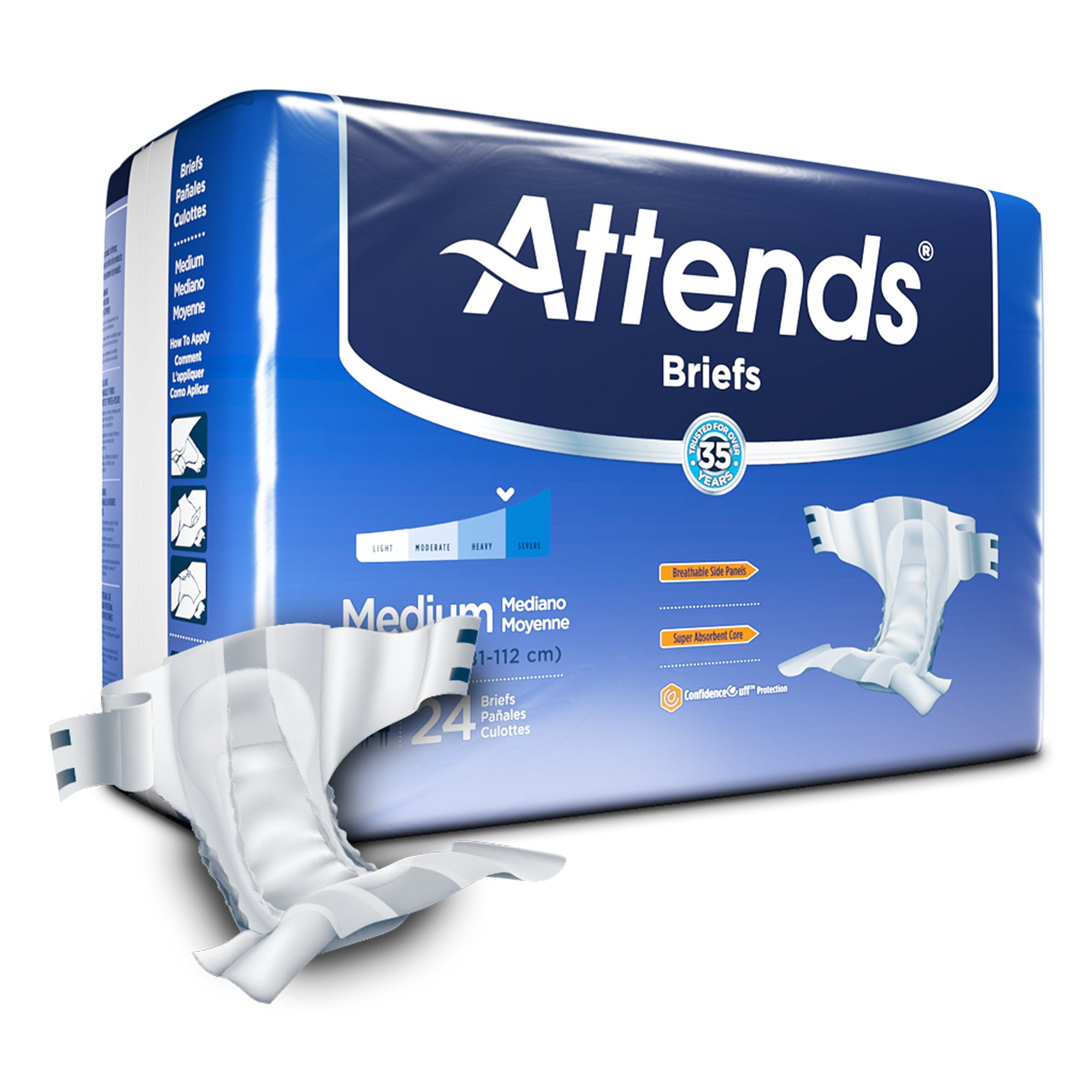 Attends Advanced Briefs with tabs for Adult Incontinence Care with  Dry-Lock® Containment Core, Ultimate Absorbency, Unisex, Medium, 24-count  (x4)