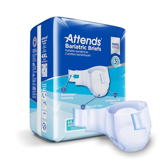 Attends Bariatric Incontinence Disposable Briefs, 4X-Large, Up to 106" Waist with SecureGrip Tab Closure, Ultimate Absorbency, Dry-Lock Containment Core & ConfidenceCuff Leakage Protection, 32ct Case