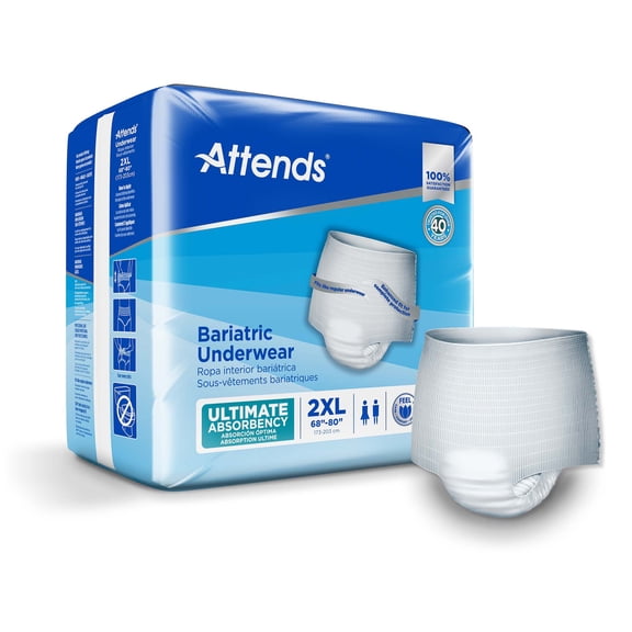 Attends Bariatric Underwear Incontinence Protection, Ultimate Absorbency, Size 2XL, 12 Ct