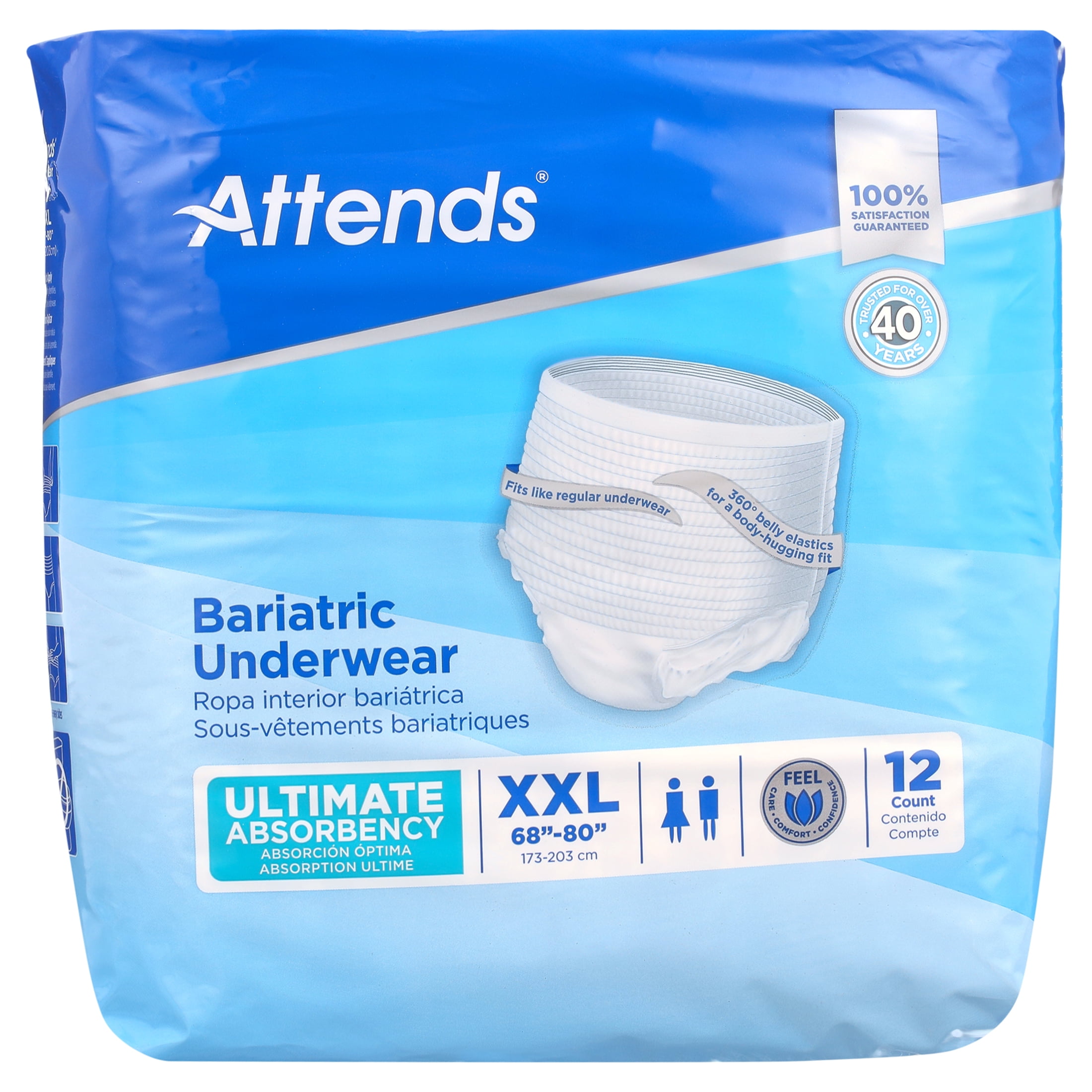 Attends Bariatric Underwear Incontinence Protection, Ultimate Absorbency, Size 2XL, 12 Ct
