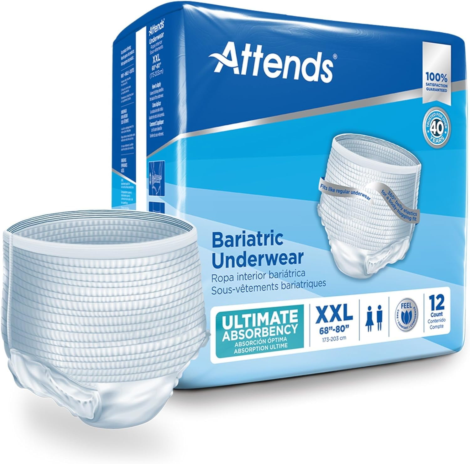 Attends Bariatric Underwear, Incontinence Underwear Heavy Absorbency, XXL, 12 Count