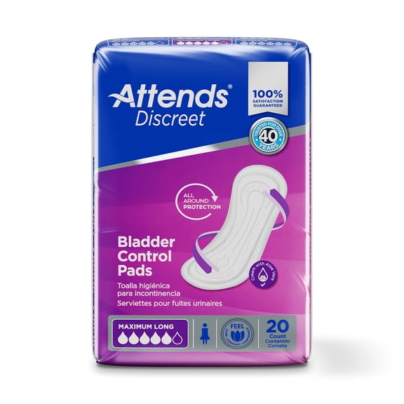 Attends Discreet Bladder Control Pads, Moderate Absorbency, One Size Fits Most, 14 1/2 in, 20 Count, 10 Packs, 200 Total