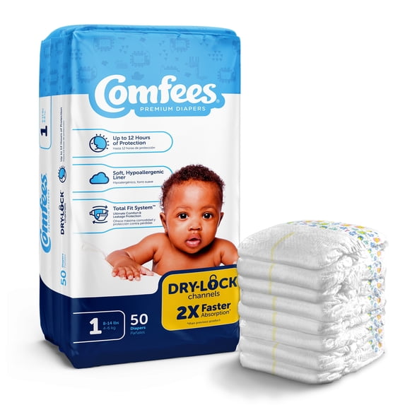 Comfees Baby Baby Diaper Size 1, 12 hour protection 8 to 14 lbs., 50 Count, 4 Packs, 200 Total