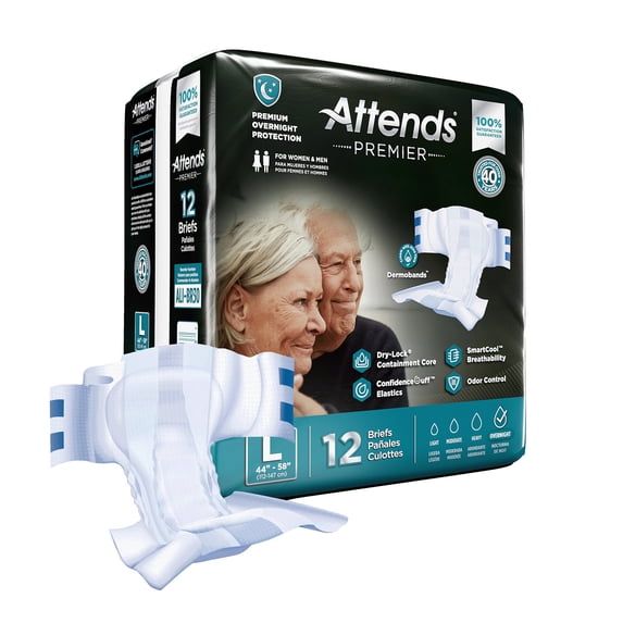 Attends Premier Adult Incontinence Brief L Heavy Absorbency Overnight, ALI-BR30, Overnight, 12 Ct