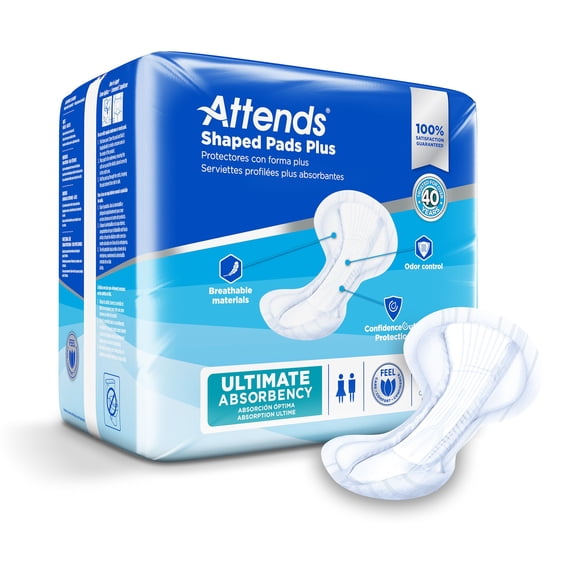Attends Shaped Pads Plus Unisex Incontinent Pad Contoured 12 X 25-1/2 Inch SPDPA, SPDPA, 80 Ct