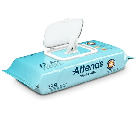 Attends Washcloths, No-Rinse, Alcohol-Free Wipes, 8" W x 12 1/2" L, 72 Count, 1 Pack