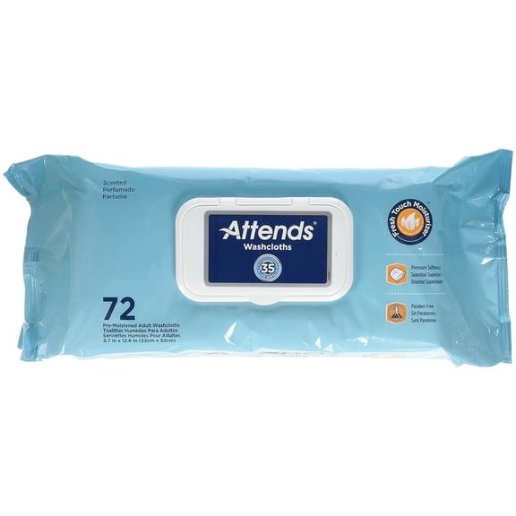 Attends Washcloths No-Rinse Disposable Cleansing Wipes for Incontinence, 7.8"x11.8", Hypoallergenic Alcohol-Free with Aloe, Scented, 72ct