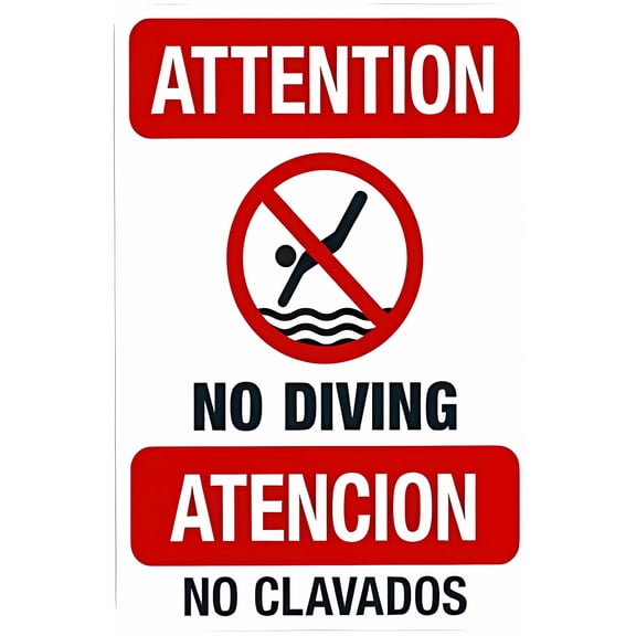 Attention No Diving Sign 12 x 8 Inches - Bilingual Spanish English Warning, Pool Security Sign, Indoor Outdoor Home, Business, Road, Garage, Street Wall Caution Decor