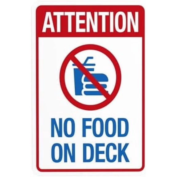 Attention No Food on Deck with Graphic Warning Sign, Pool Rules Security Metal Signs for Home Business Outdoor Indoor Road Yard Garage Street Wall Safety Caution Custom Decor 8 x 12 Inch