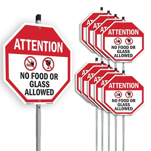 Attention No Food or Glass Allowed (10 Pack) 10 inch X 10 inch Octagon Plastic Signs with Aluminum Mounting Stakes Weather Resistant UV Protected for Workplace Private Property and