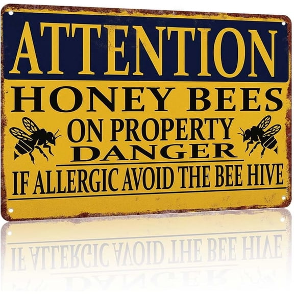 Attention Honey Bees on Property Danger Sign - 12x8inch Aluminum Decorative Warning Poster for Outdoor Garden Yard Wall Decor