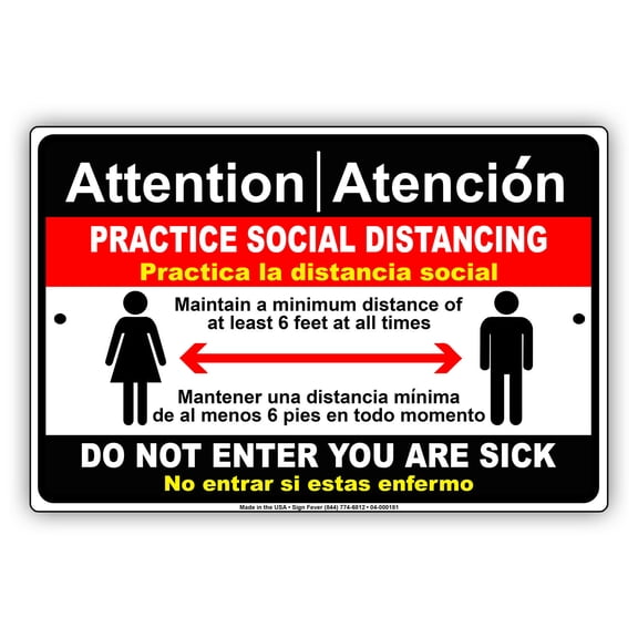 Attention Keep Social Distancing at Least 6 Feet for Safety Social Distancing Required Aluminum Metal Sign 8"x12"