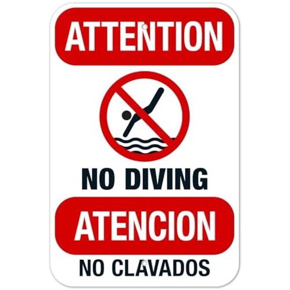 Attention No Diving Bilingual Spanish English Metal Sign 8 x 12 Inch for Workplace, Warehouse, Industrial Area