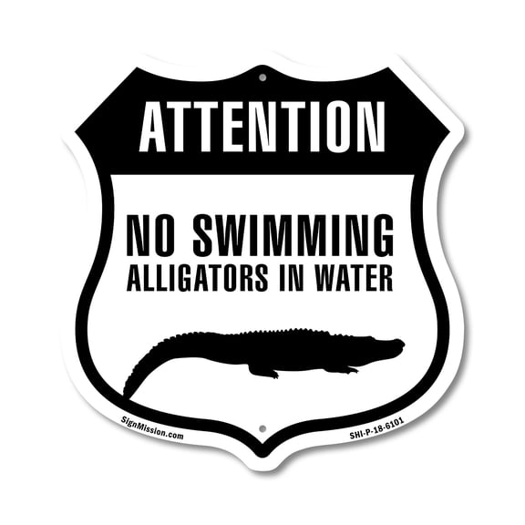 Attention No Swimming Alligators In The Water 12 inch X 12 inch Shield-Shaped Rust-Free Aluminum Metal Sign Weather Resistant Made in the USA
