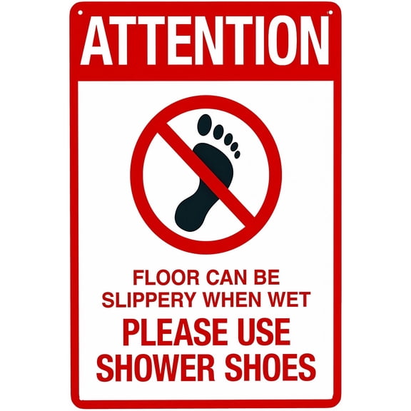 Attention Please Use Shower Shoes Retro Metal Tin Sign 12 x 8 Inches - Pool Sign/Rules Warning, Vintage Style Funny Wall Decor Art, Indoor Outdoor Pool Shower