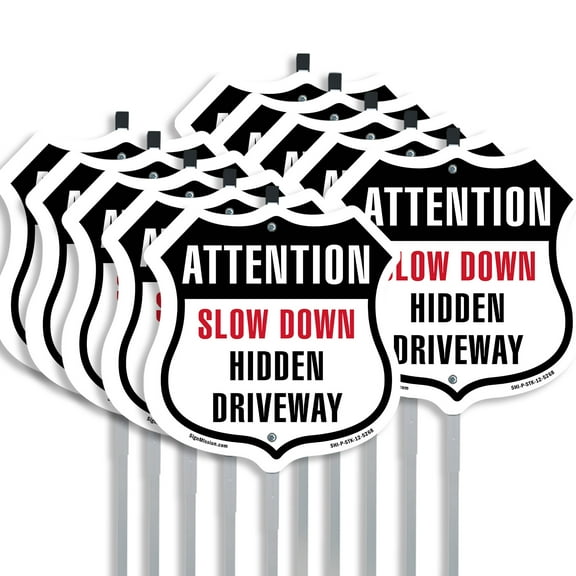 Attention Slow Down Hidden Driveway (10 Pack) 12 inch X 12 inch Shield Shaped Commercial Grade Plastic Signs with Aluminum Mounting Stakes Weather Resistant Made in the USA