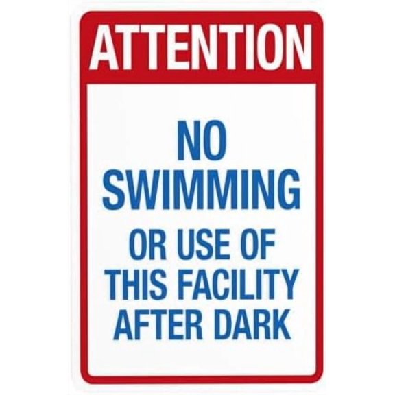 Attention No Swimming Or Of This Facility After Dark Warning Sign, Pool Rules Security Metal Signs for Home Busines Outdoor Indoor Street Wall Caution Decor 8 x 12 Inch