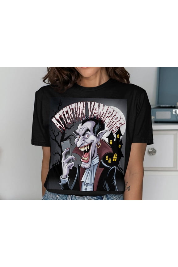 Attention Vampire Graphic T-Shirt, Gothic Halloween Vampire Shirt Spooky Horror Theme Unisex Cotton T-Shirt, Sizes S-5XL