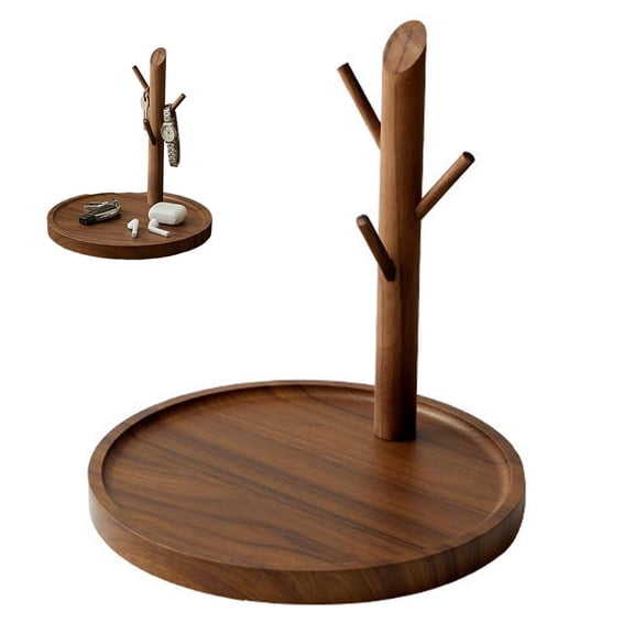 Atthatmmt Tree-Shaped Solid Wood Key & Jewelry Holder, 45 Angled Hook Entryway Organizer with Grooved Tray, Hanging & Flat Storage Rack for Entryway, Home & Desk