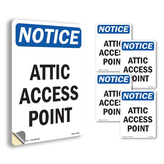 Attic Access Point OSHA Notice Vinyl Decal Label 14 Inch x 10 Inch - 5 Pack