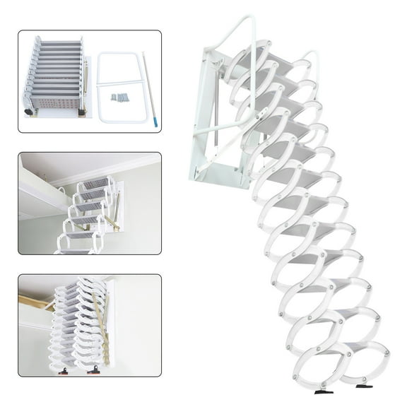 Attic Extension Ladder 12.5ft Narrow Wall Mounted Folding Loft Stairs 12 Steps White