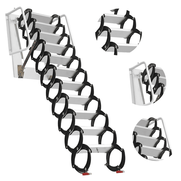 Attic Ladder Pull Down System 10Ft, 700LBS Retractable Design, Dual Handrails, 14.75.3in Pedals, Foldable, for Basements, Warehouses, Home Access