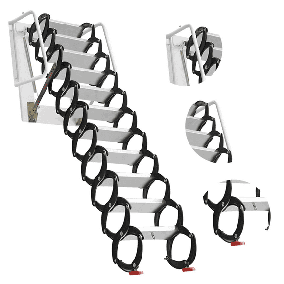 Attic Ladder Pull Down System, 120" Adjustable Height, 660lbs Capacity, Anti-Slip Steps, Retractable Loft Stair, for Attic, Warehouse