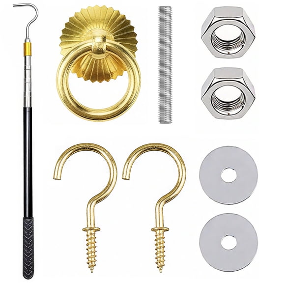 Attic Ladder Pull Down System Kit, 64.6 in Extension, Attic Door Pull, Retractable Pull Rod, Stainless Steel, Brass Pull Ring, Screw Hooks, Hardware Included