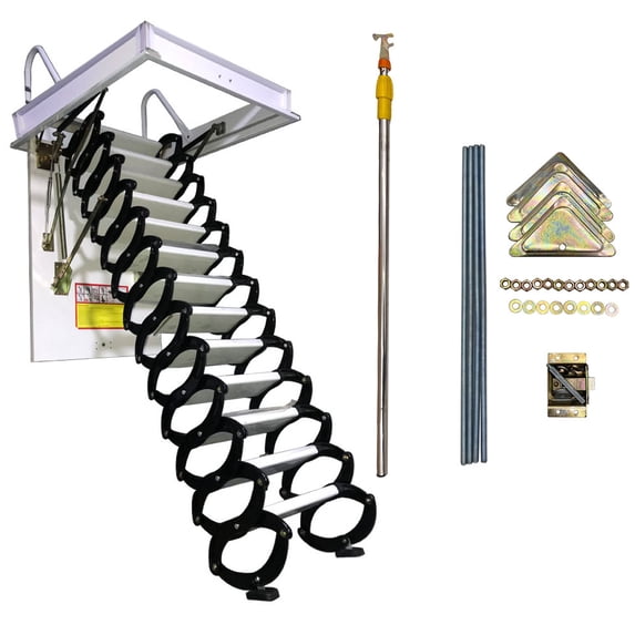 Attic Pull Down Ceiling Ladder Retractable Attic Folding Extension Loft Stairs Black & White Aluminum-Magnesium Alloy 13 Steps