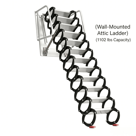 Attic Stairs Pull Down 12 Steps, 11 FT Retractable Alloy Attic Folding Stairs Loft Ladder Wall Mounted with Pull Rod, Attic Steps with Armrests