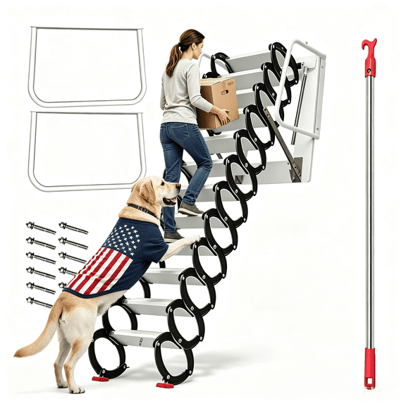 Attic Stairs Pull Down 12 Steps, 11FT Retractable Alloy Attic Folding Stairs Loft Ladder Wall Mounted with Pull Rod, Attic Steps with Armrests
