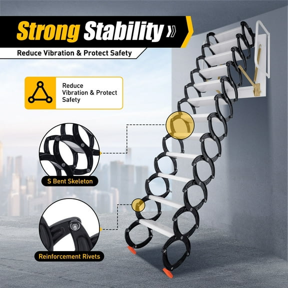 Attic Steps Pull Down Wall-Mounted Folding Stairs Alloy Attic Access Ladder Retractable (Black)