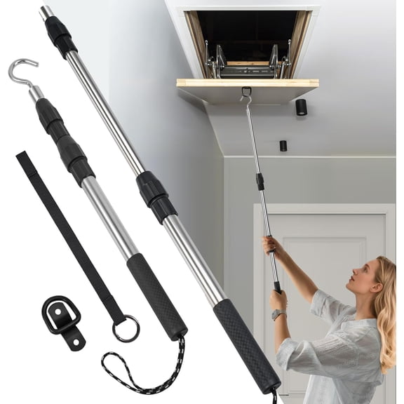 Attic pull-down hook, retractable attic pull rod, attic ladder pull-down system set includes a 40-inch retractable rod, 1 ring, 1 ring with rope