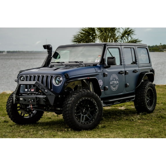 Attica Universal Offroad Front Bumper Winch Flip-Up Roller Fairlead License Plate Mounting Bracket Powder Coated Steel Black ATTK102-BX