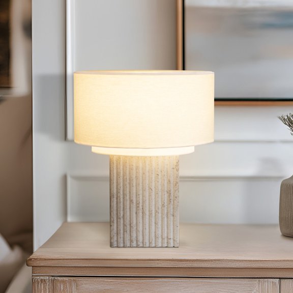Atticus 15" Natural Limestone LED Table Lamp with Cream Cotton Shade