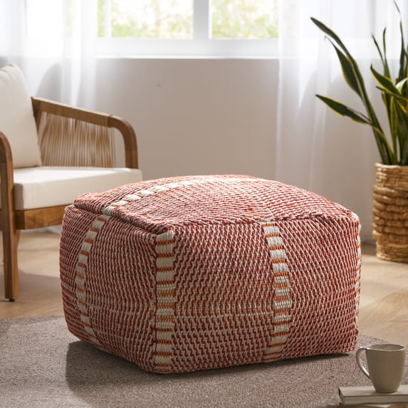 Atticus Outdoor Boho Handcrafted Water Resistant Rectangular Ottoman Pouf, Red and Orange